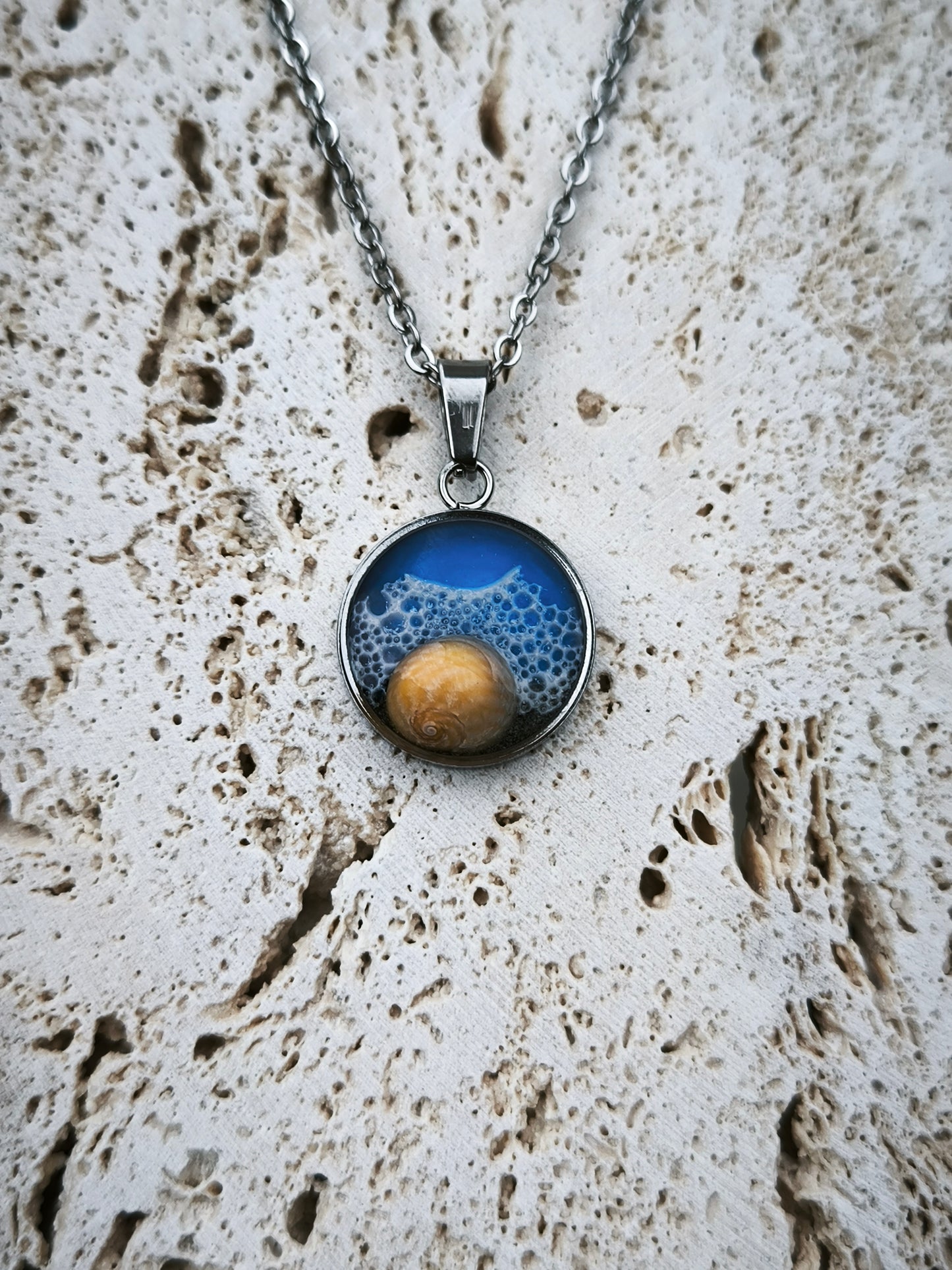 Handmade Resin Necklace with Sea Shell & Sand | Stainless Steel