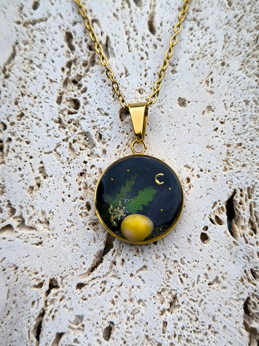 Handmade Resin Necklace with Sea Shell & Dried Flowers | Gold-Plated
