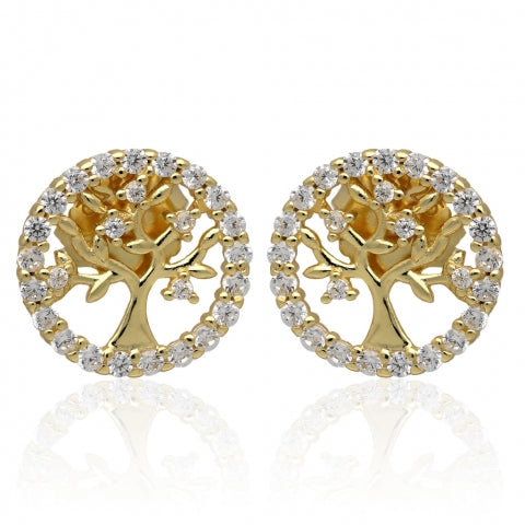 Tree of Life Crystal Stud Earrings – Gold Plated Sterling Silver 925