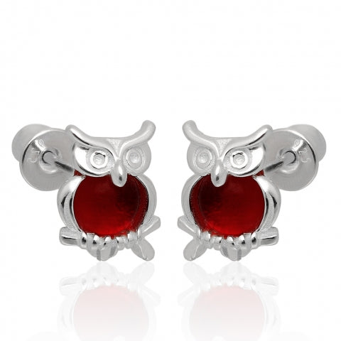 Sterling Silver 925 Owl Stud Earrings – Red Detail | Nickel & Lead Free